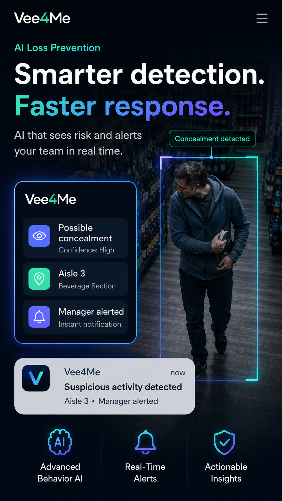 In-store AI camera view showing a shopper concealing merchandise inside a highlighted detection box, with a Vee4Me alert panel reporting possible concealment in Aisle 3 and a manager notification