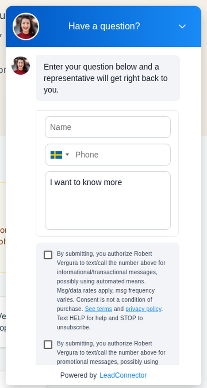 The Vee4Me LeadConnector chat widget open on this page, showing the Name field, Phone field, message box, and two SMS consent checkboxes, both unchecked by default, with links to terms and privacy policy.